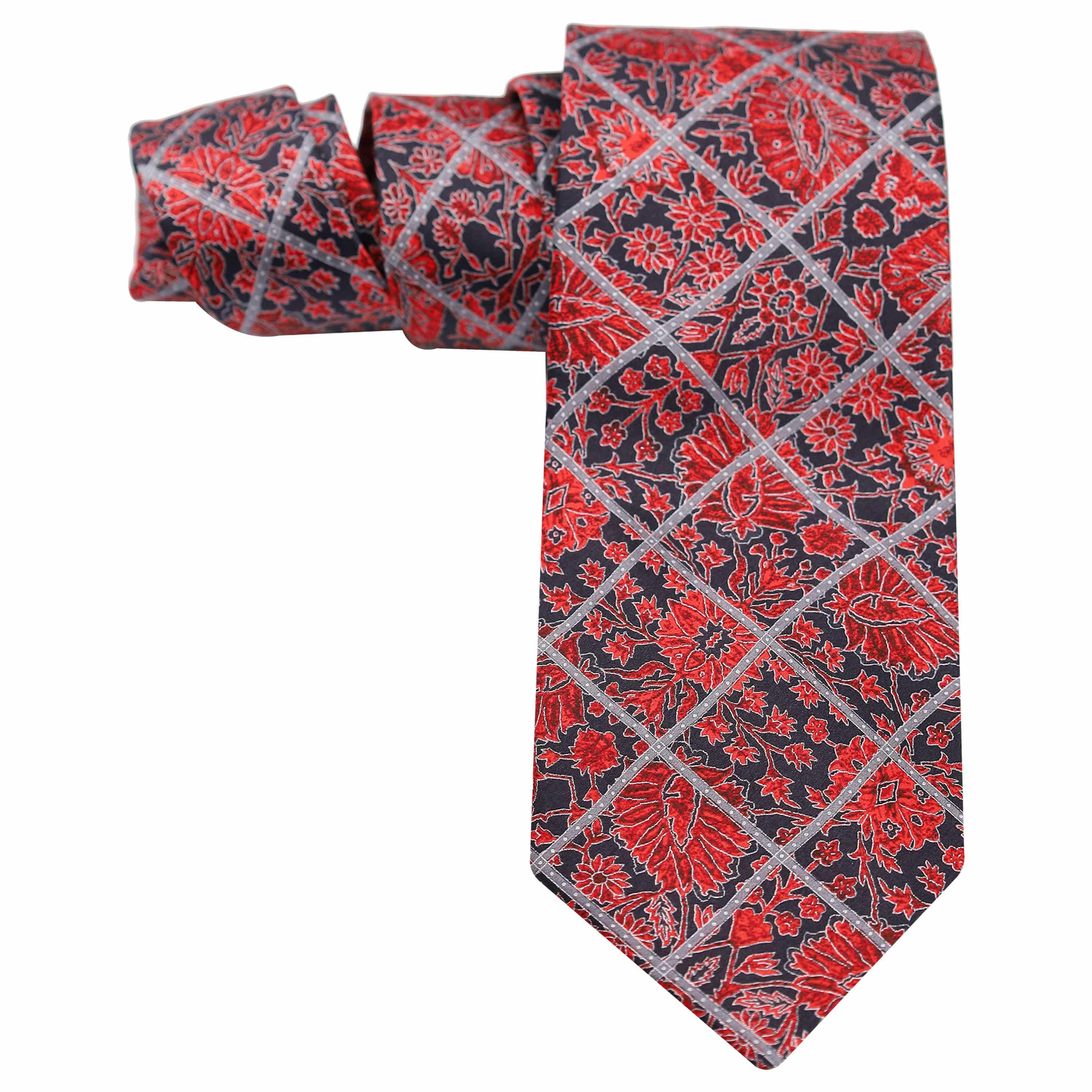BLACK ON RED PETALS WITH SILVER OVERCHECK SILK TIE - Just White Shirts
