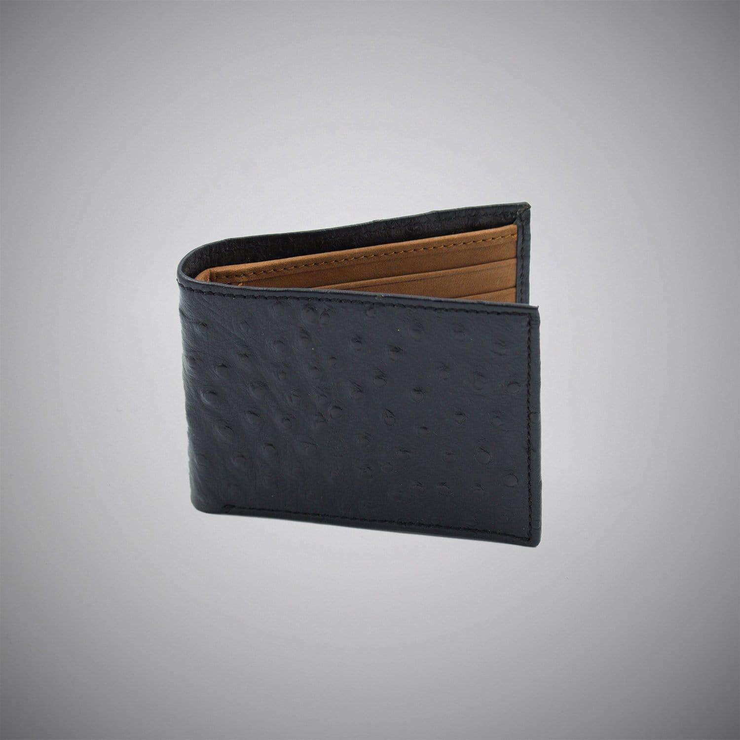 Black Ostrich Skin Embossed Calf Leather Wallet With Tan Suede Interior - Just White Shirts