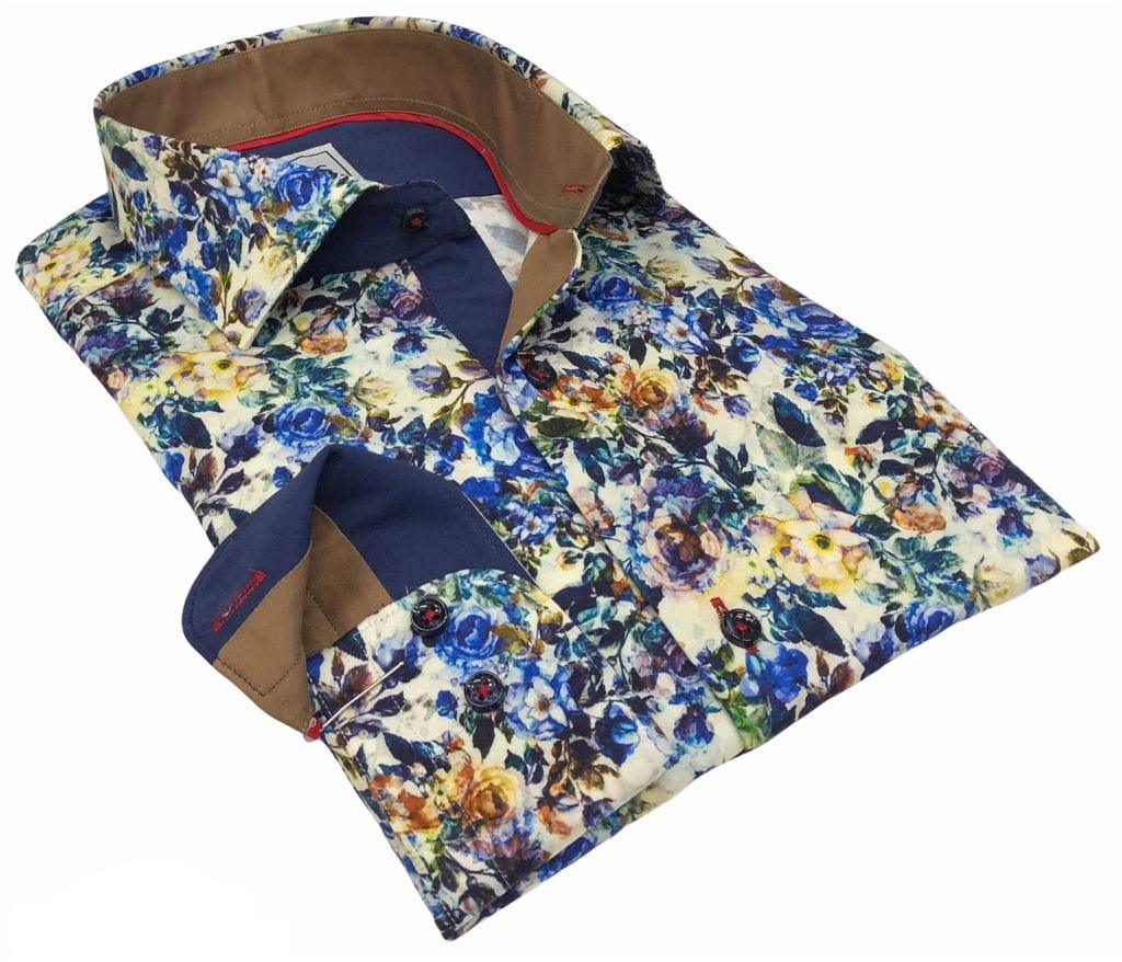 Blue and Yellow Floral on Ivory Ground - Just White Shirts