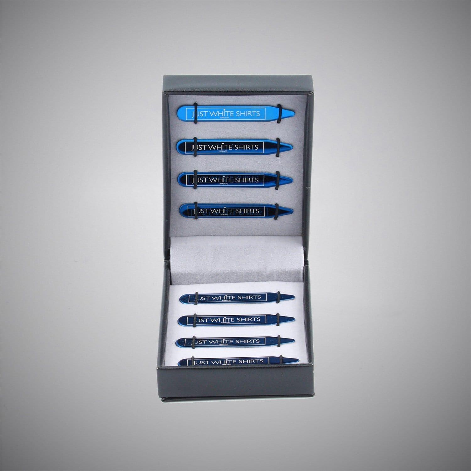 Blue Chrome Stainless Steel 8 Piece Collar Stay Gift Set In Box - Just White Shirts