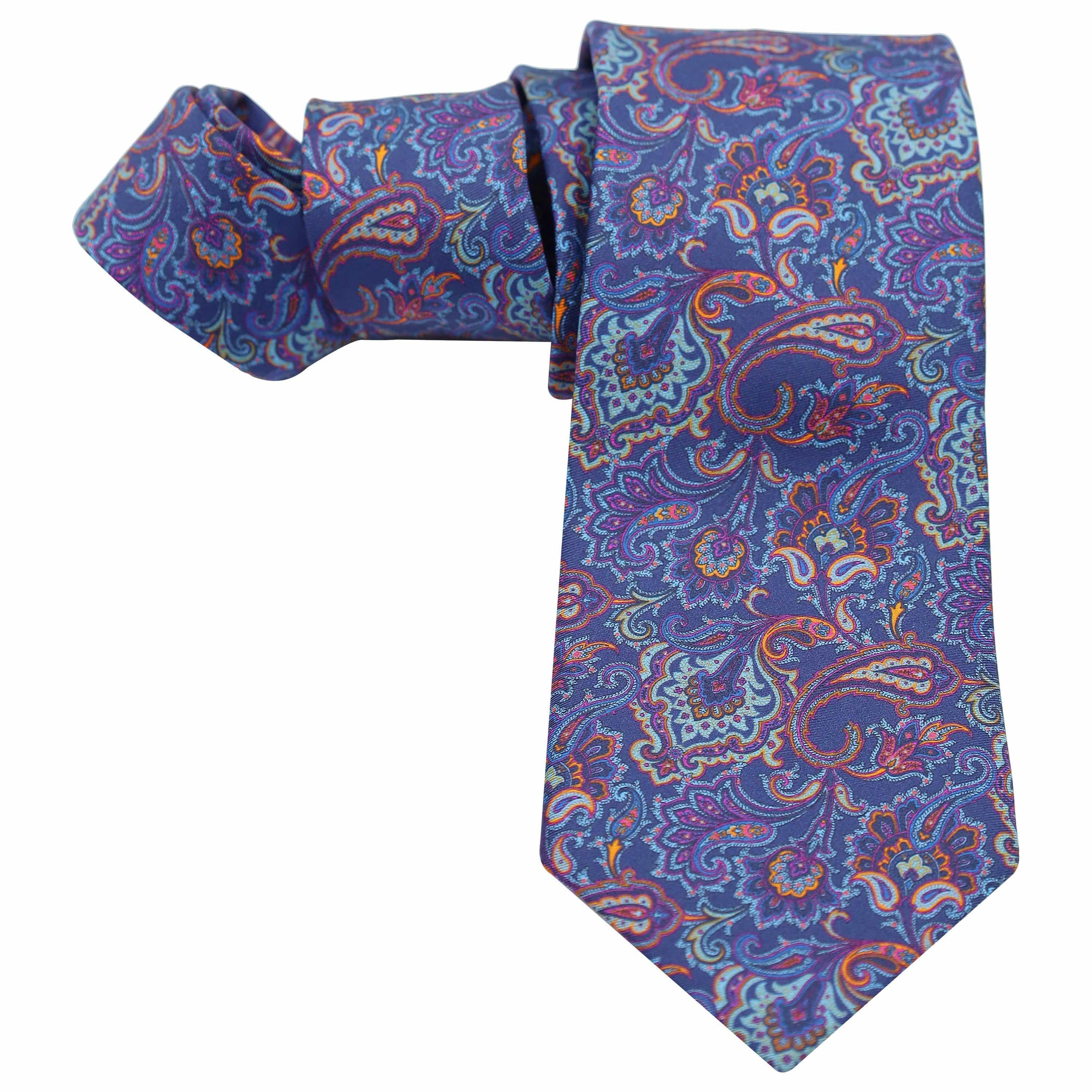 BLUE WITH ORANGE AND SKY PAISLEY SILK TIE - Just White Shirts