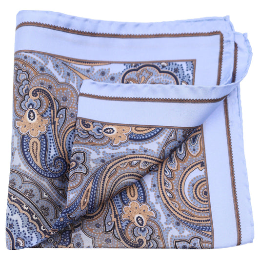 Brown Gold Paisley on Sky Silk Pocket Square - Just White Shirts