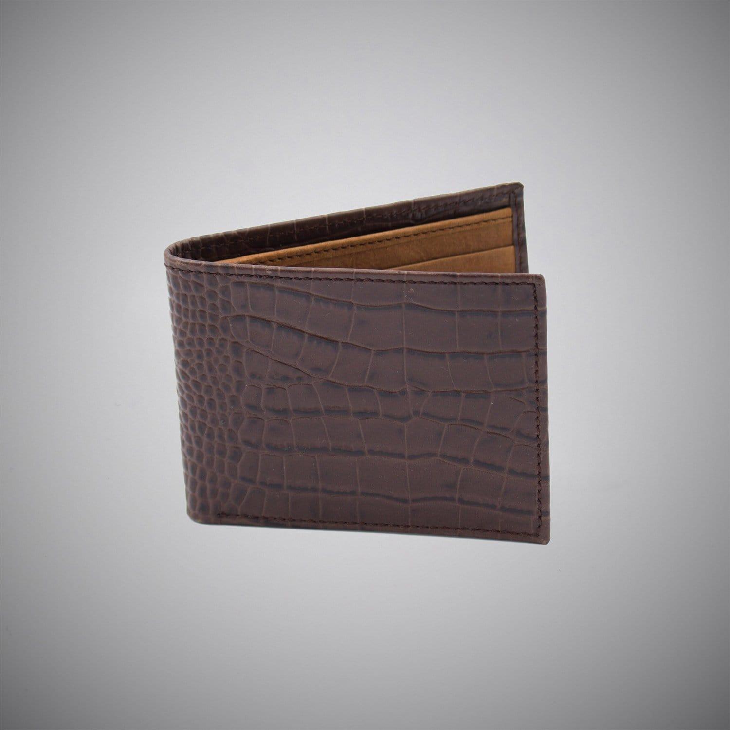 Chocolate Crocodile Embossed Calf Leather Wallet With Tan Suede Interior - Just White Shirts