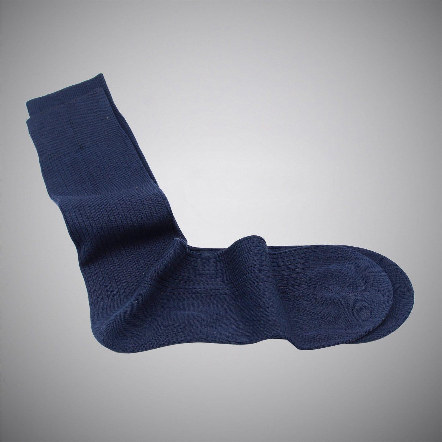 Dark Blue Fine-rib Mid-calf Mercerized Cotton Socks - Just White Shirts