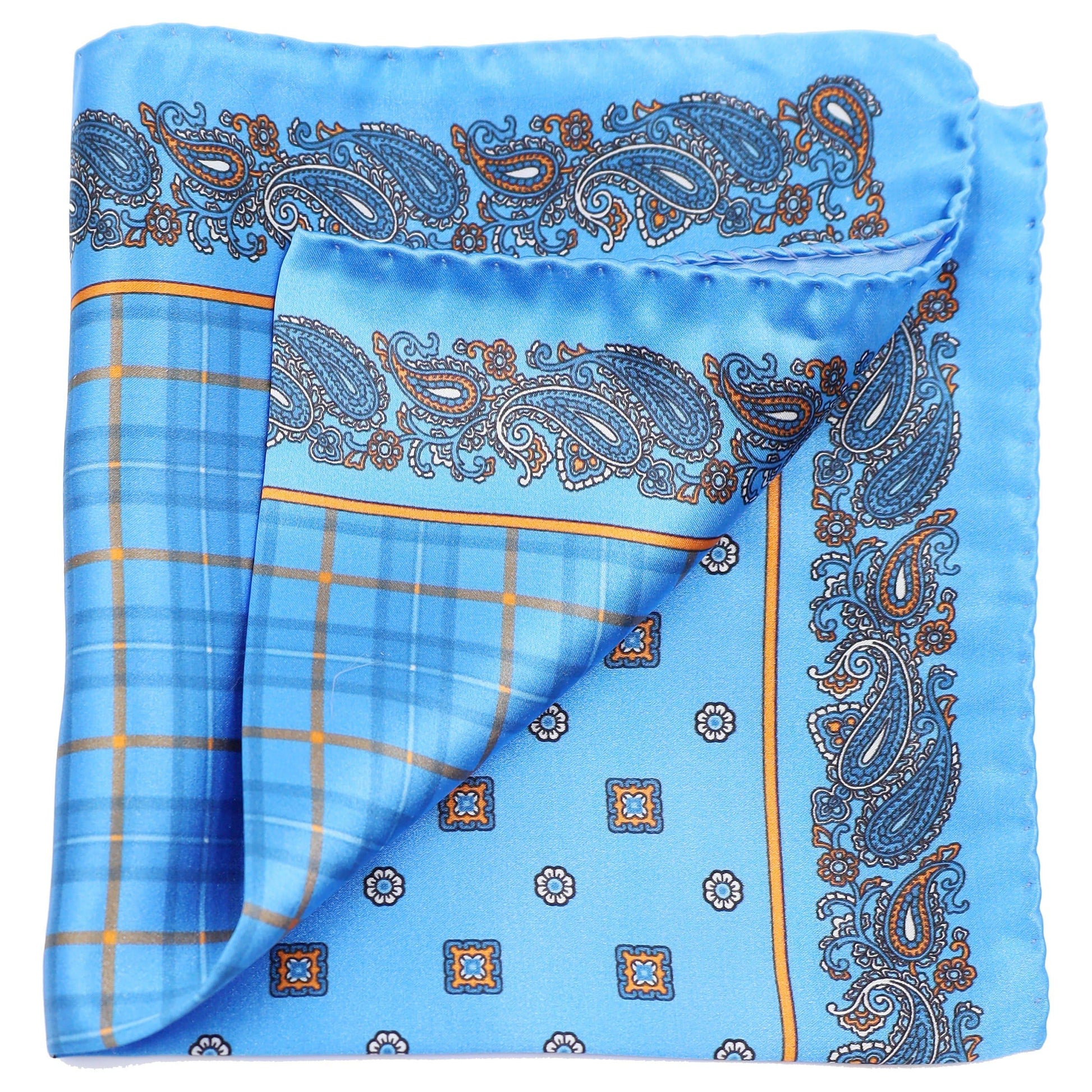 Electric Blue Foulard and Check Silk Pocket Square - Just White Shirts