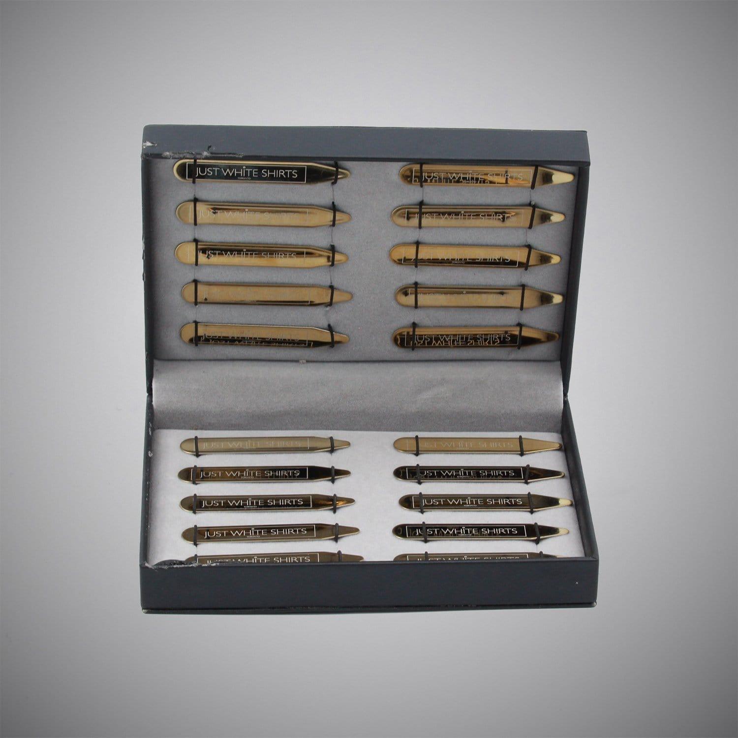 Gold Chrome Finish Stainless Steel 20 Piece Collar Stay Box Set - Just White Shirts