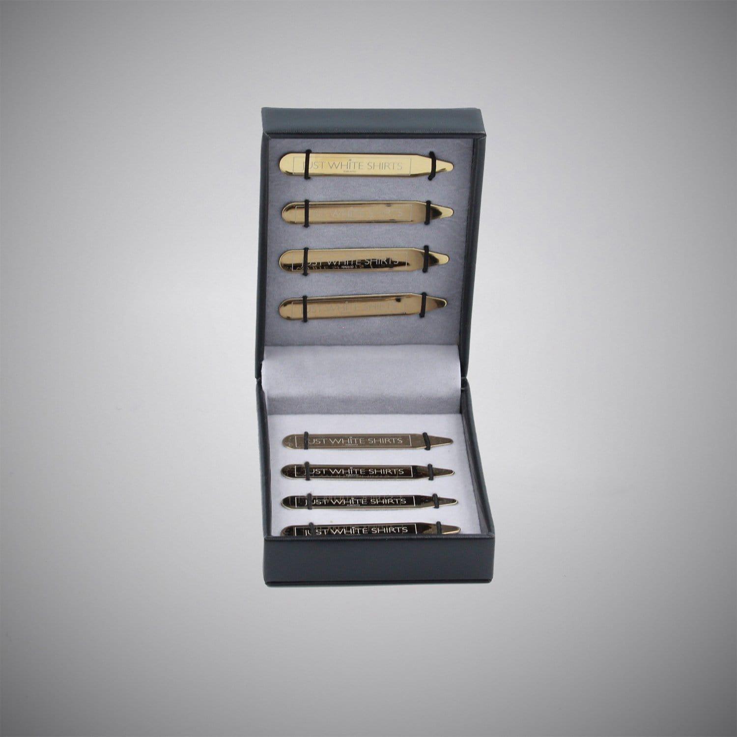 Gold Chrome Finish Stainless Steel 8 Piece Collar Stay Box Set - Just White Shirts