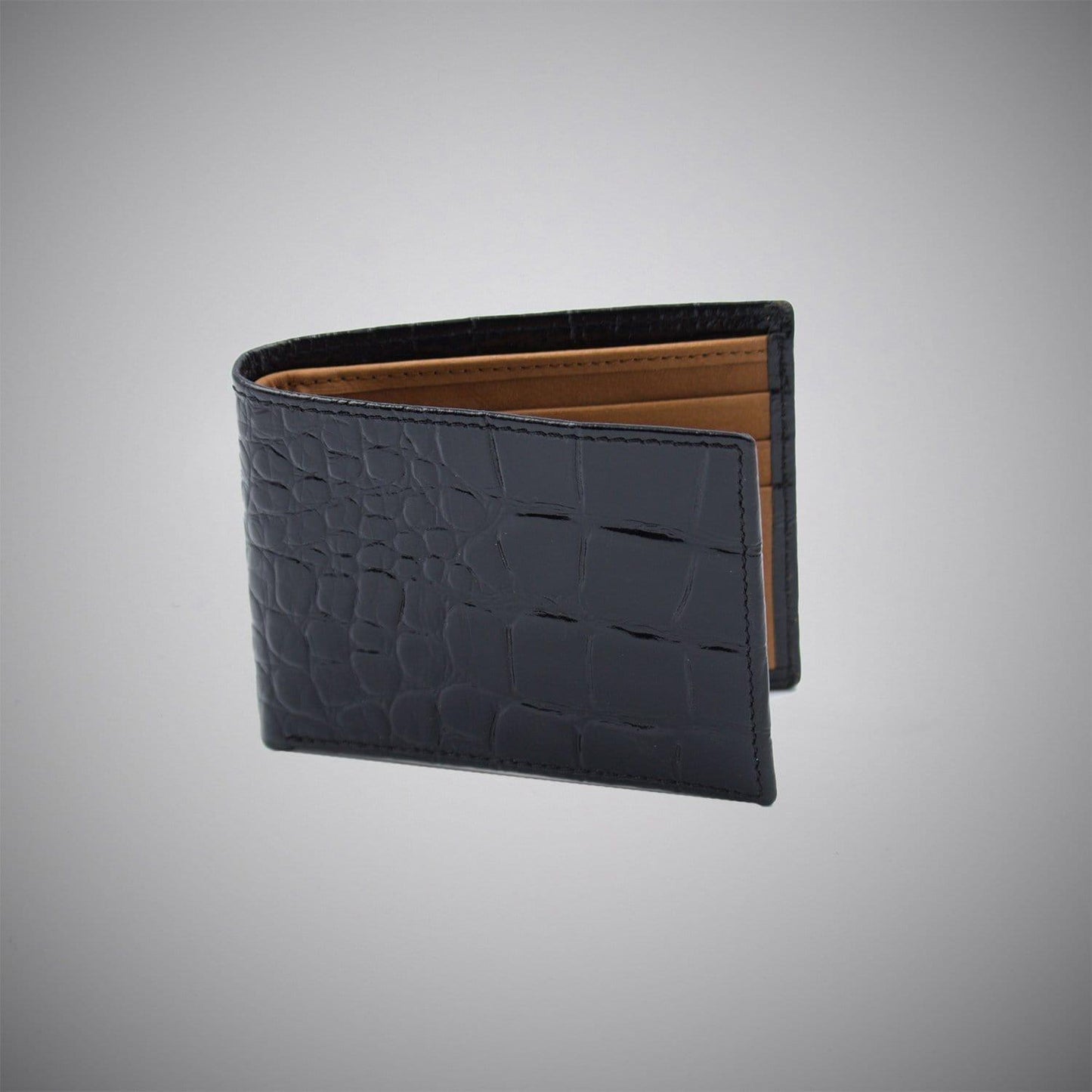 High Gloss Black Crocodile Embossed Calf Leather Wallet With Tan Suede Interior - Just White Shirts