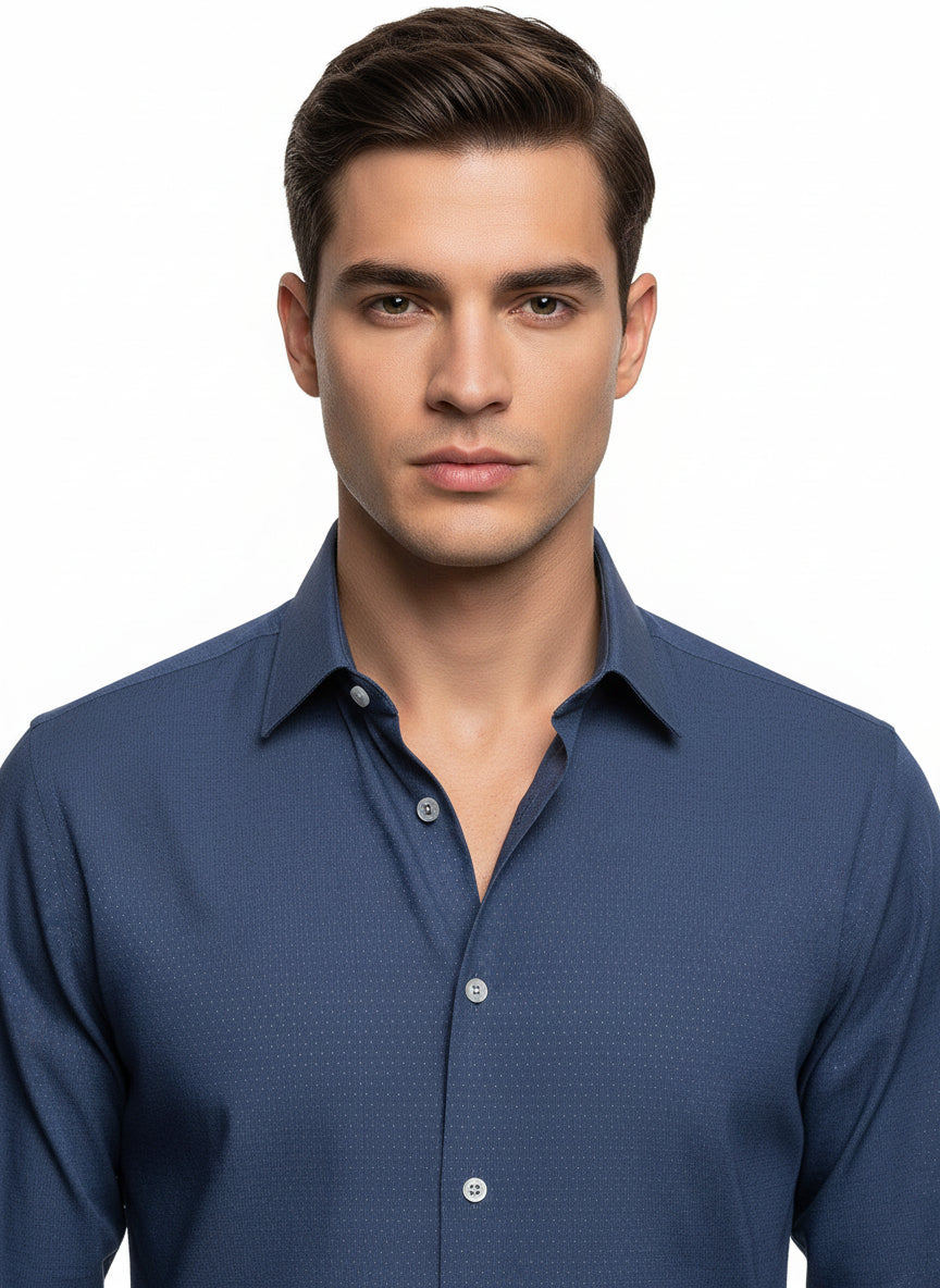 Micro Jacquard Navy Shirt - Just White Shirts