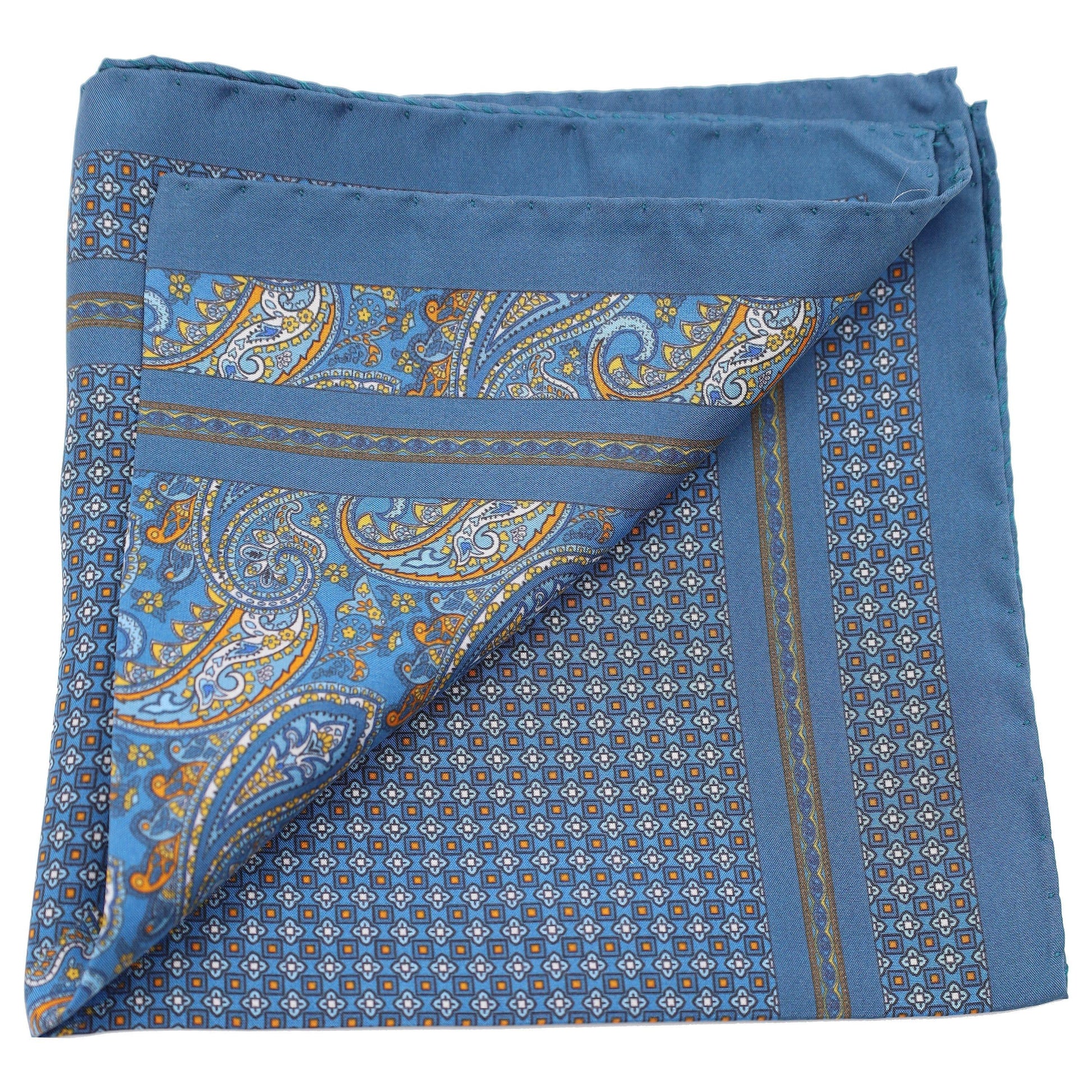 Mid Blue Foulard and Paisley on Blue Silk Pocket Square - Just White Shirts
