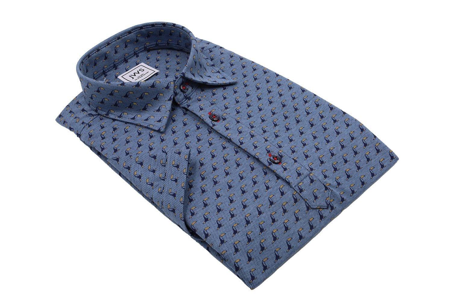 Printed Bird Design on a Blue Twill Knit Polo Shirt - Just White Shirts