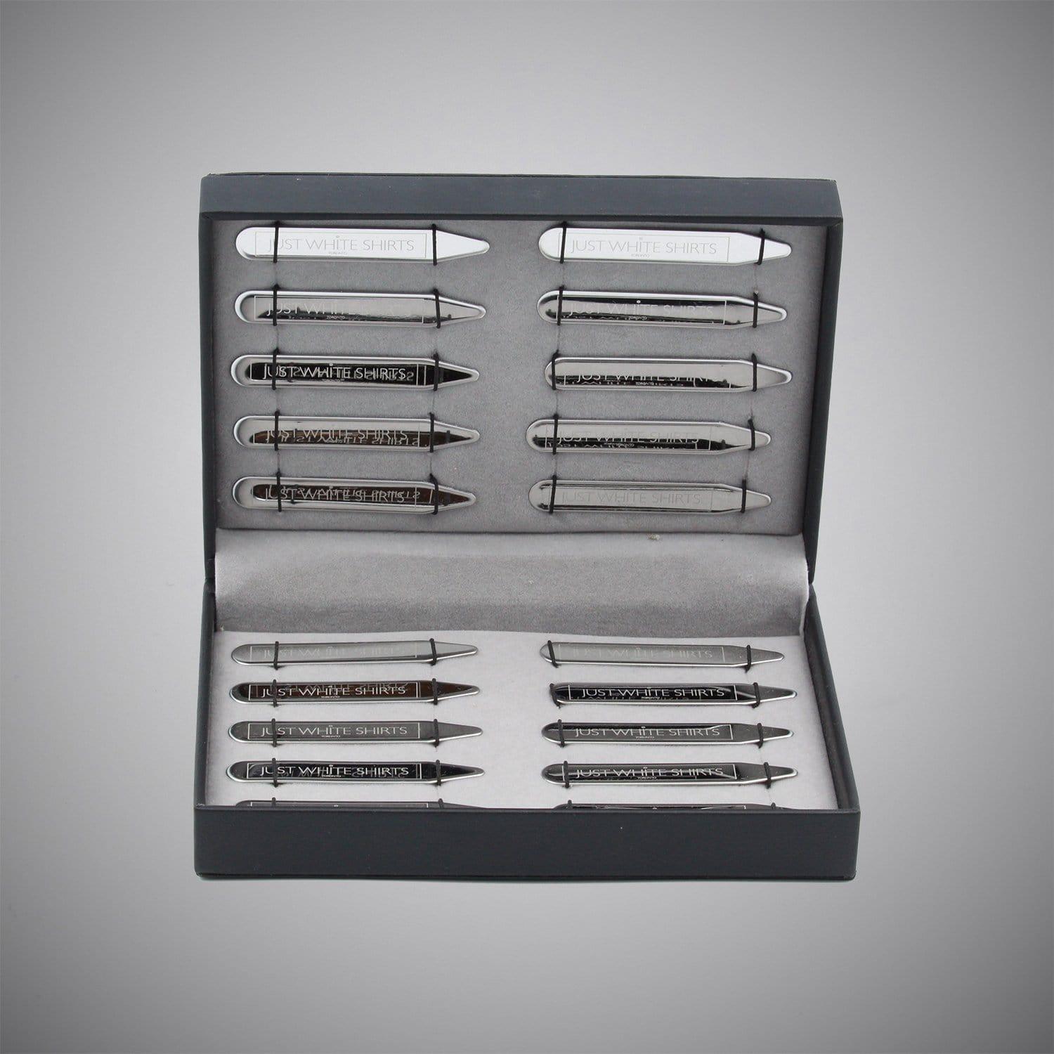 Silver Chrome Finish Stainless Steel 20 Piece Collar Stay Box Set - Just White Shirts