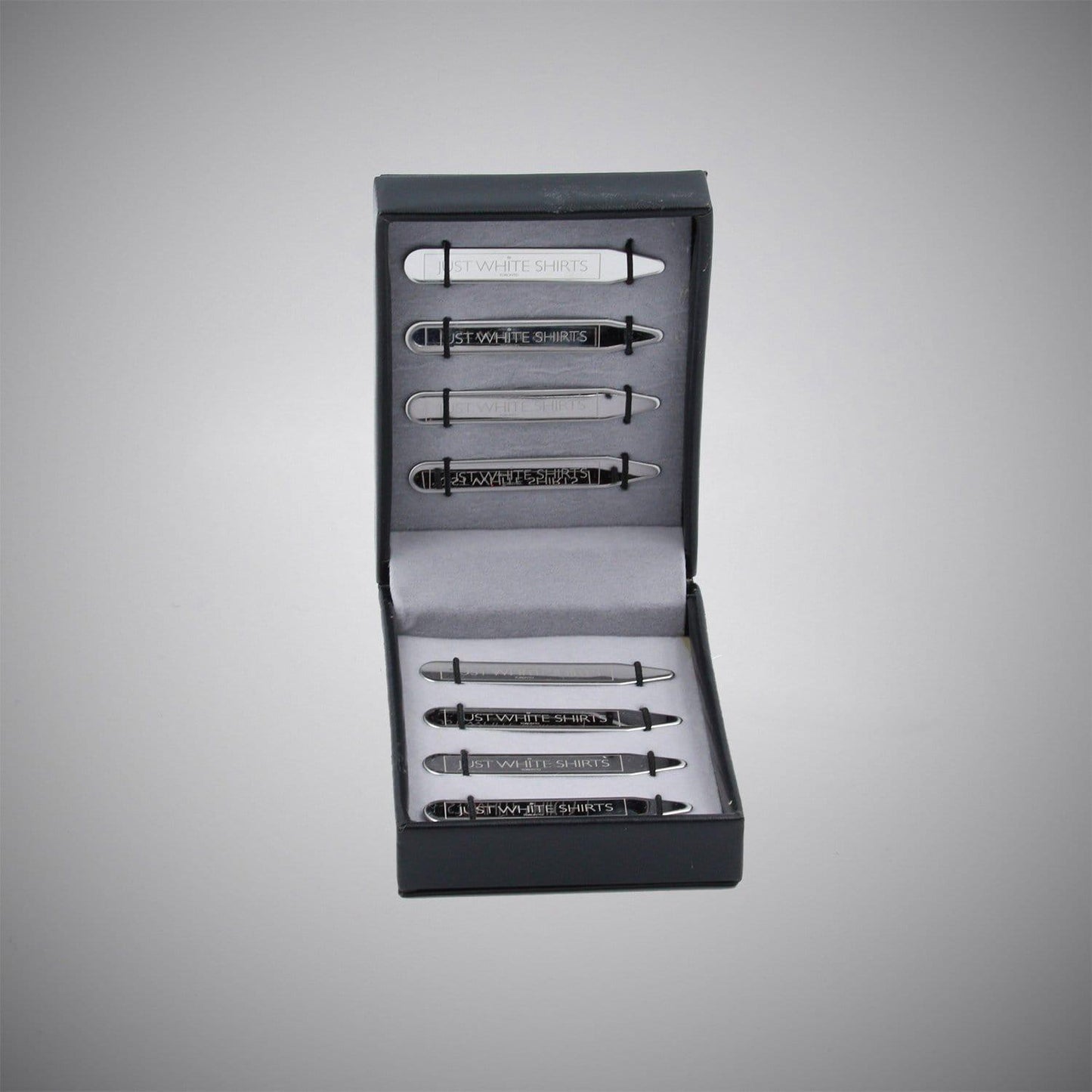 Silver Chrome Finish Stainless Steel 8 Piece Collar Stay Box Set - Just White Shirts