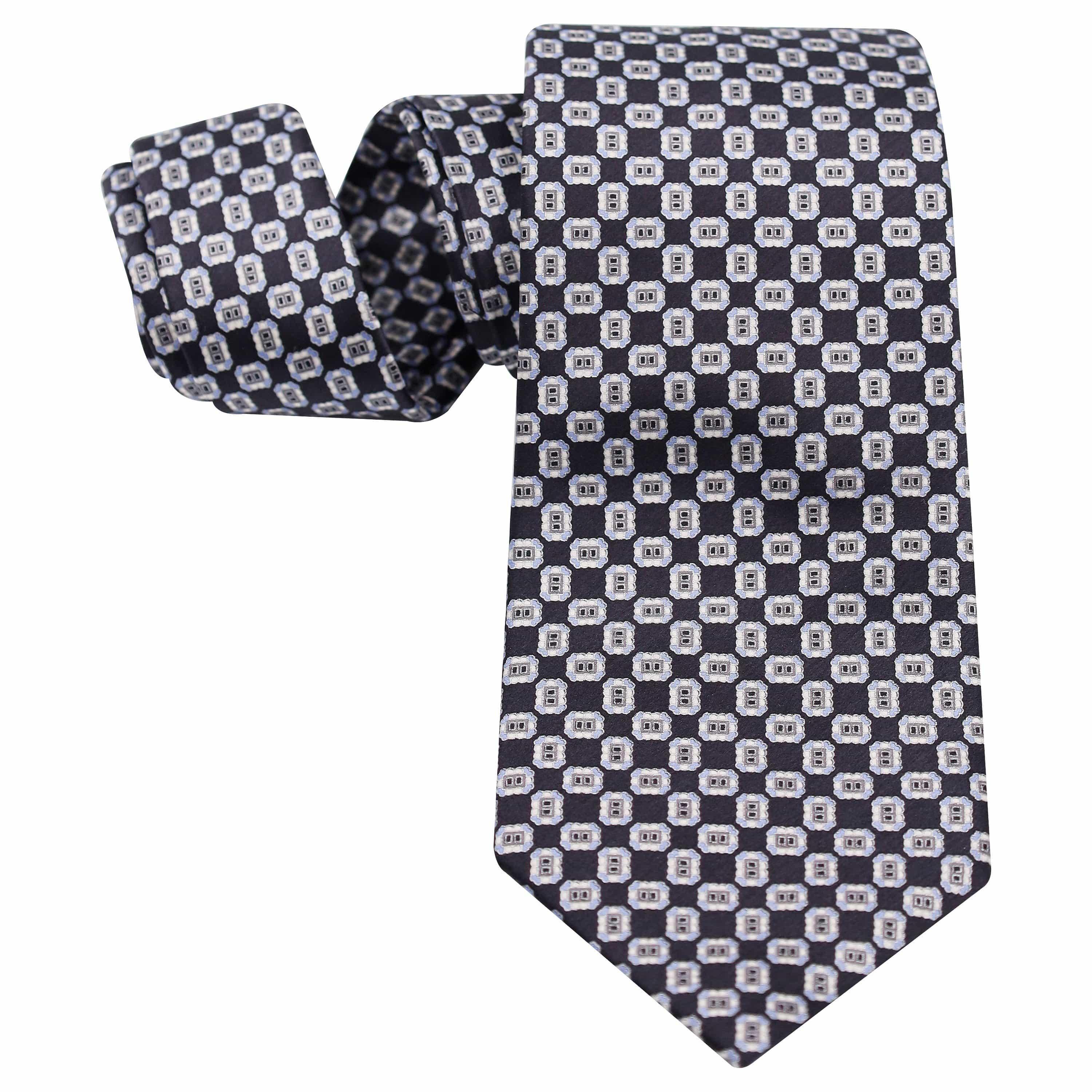 SILVER GEOMETRIC DESIGN ON BLACK SILK TIE - Just White Shirts
