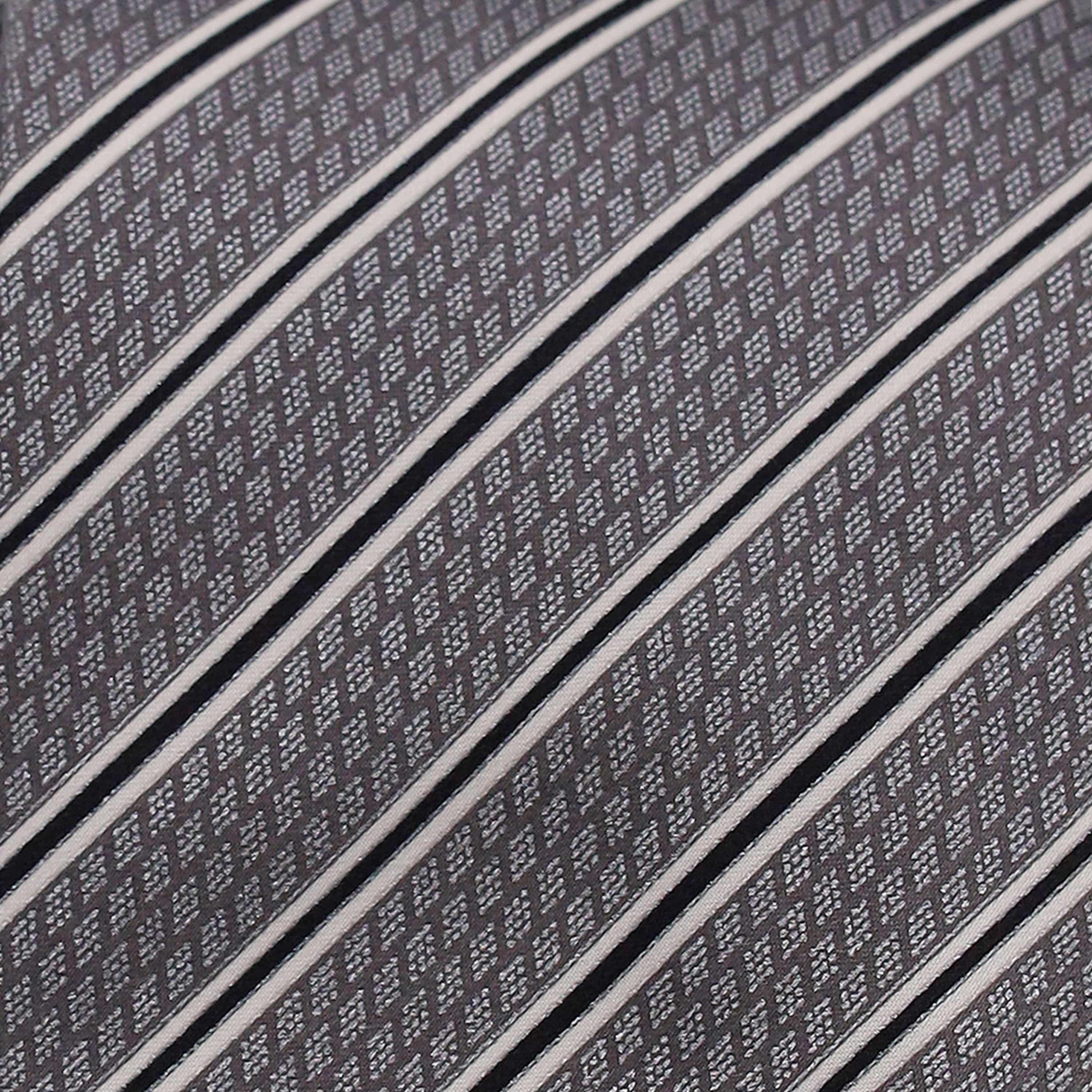 SILVER GREY AND BLACK STRIPE ON CHARCOAL GREY SILK TIE - Just White Shirts