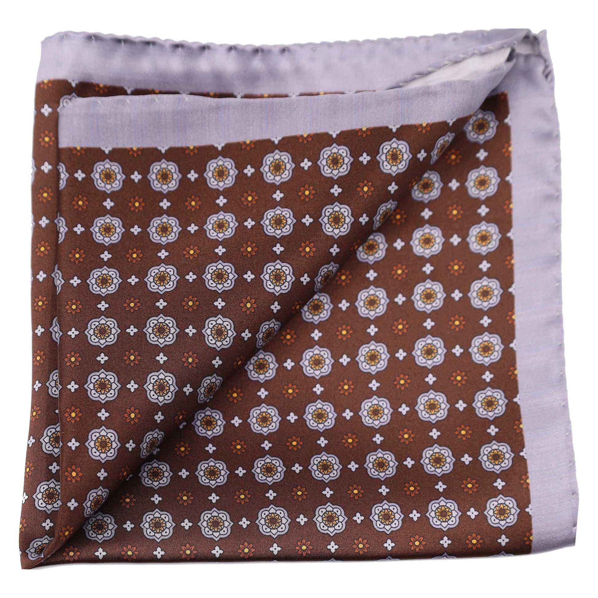 Sky Blue Medallions on Brown background silk pocket Square - Just White Shirts