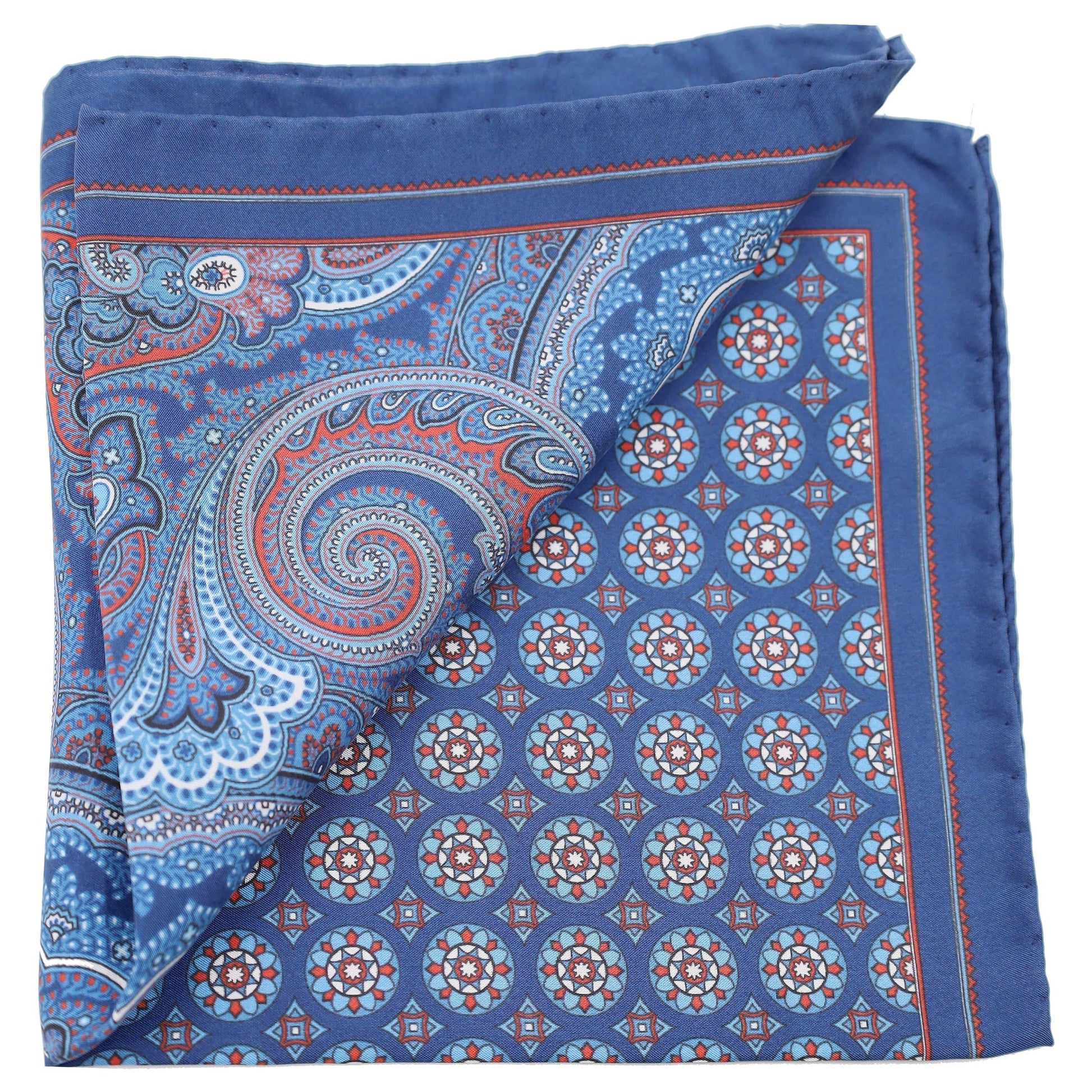 Sky Blue Paisley and Brown Meddalion Silk Pocket Square - Just White Shirts