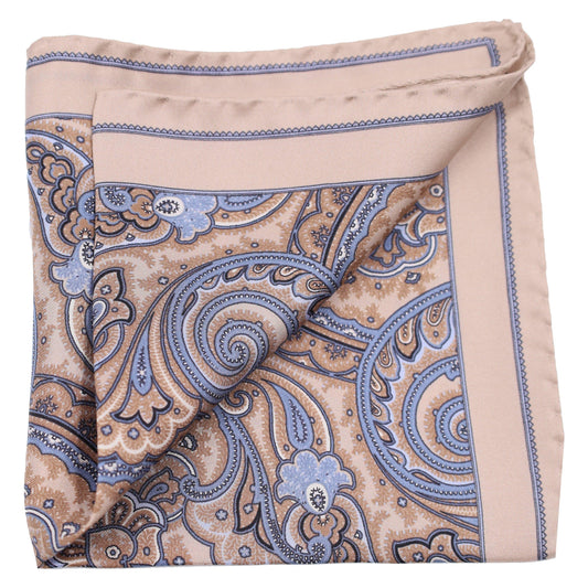 Sky Blue Paisley on Tan Background Silk Pocket Square - Just White Shirts
