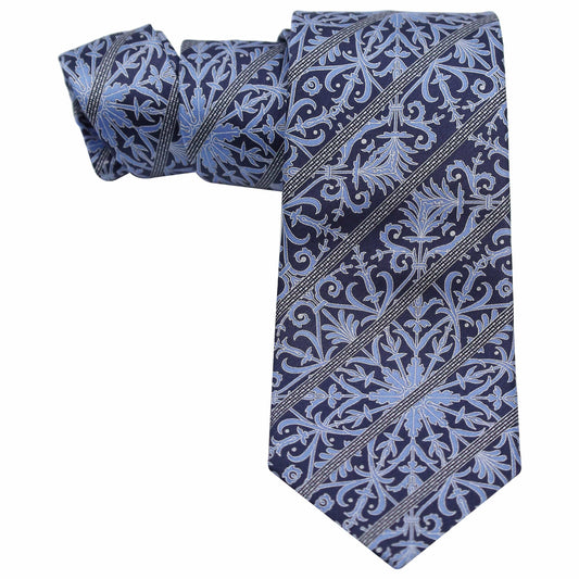 SKY BLUE PETALS ON BLACK WITH SILVER STRIPES SILK TIE - Just White Shirts