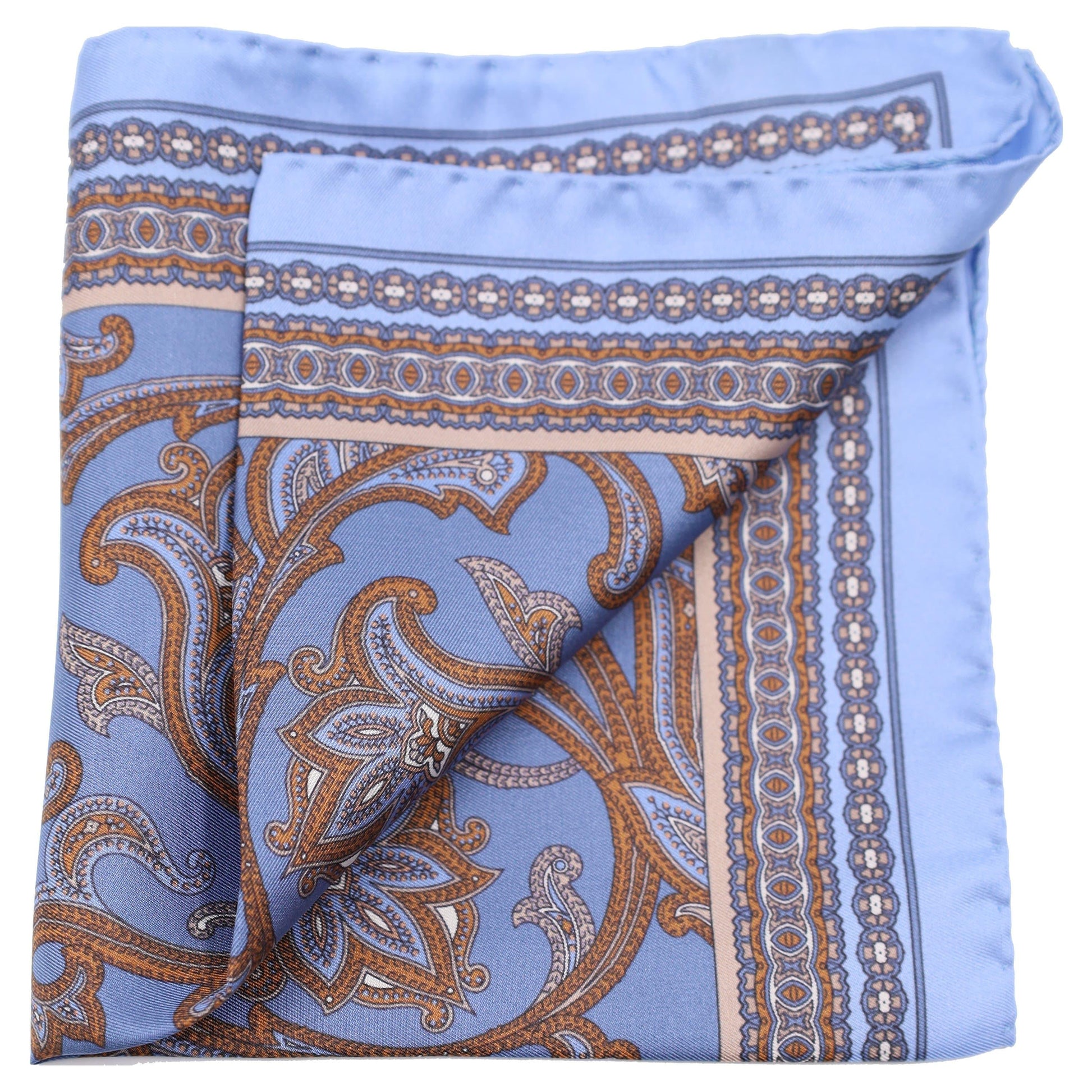 Sky with Brown Paisley Silk Pocket Square - Just White Shirts